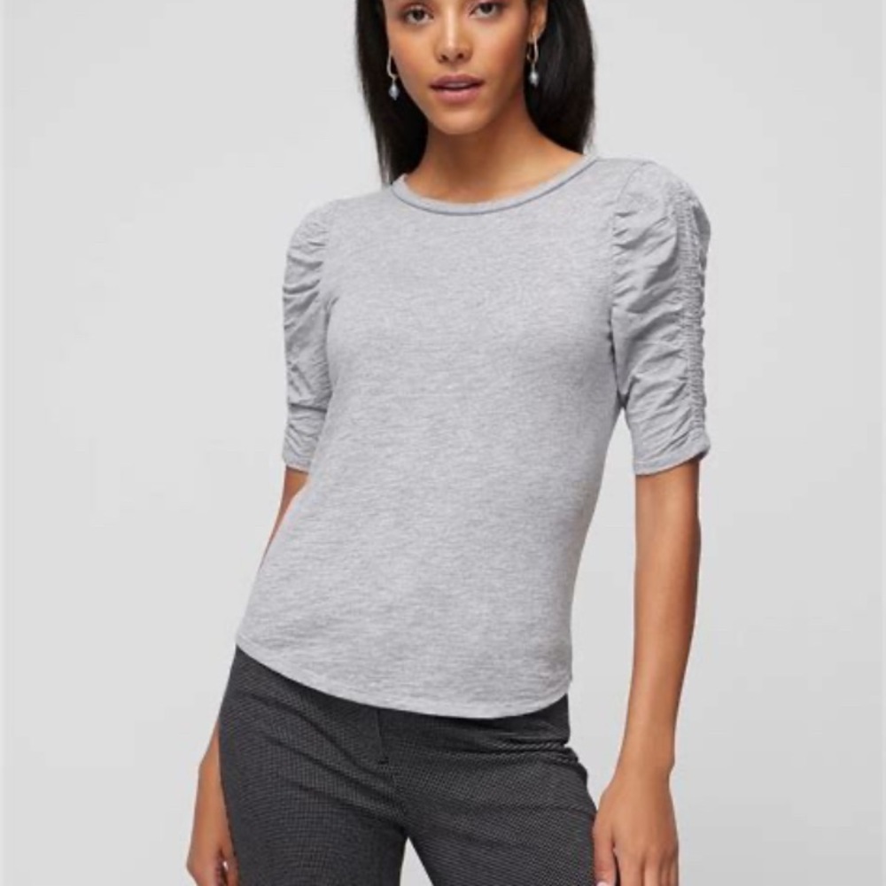 WHBM Gray Crewneck Shirred Sleeve Tee